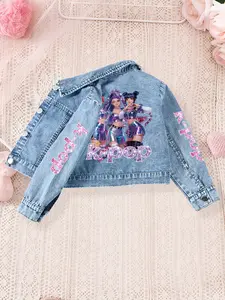 Adorable Kpop Girl Denim Jacket for Girls, Cartoon Anime Cute Design, Back Idol Print, Spring & Fall Casual Wear, Perfect for School & Playgrounds