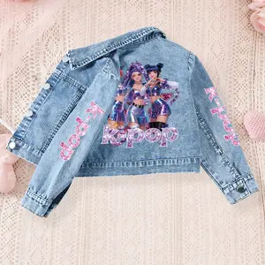 K-Pop Denim Jacket for Girls, Cute Cartoon Anime Design, Back Idol Print, Spring & Fall Casual Wear, Perfect for School & Play, Casual Cute Outerwear