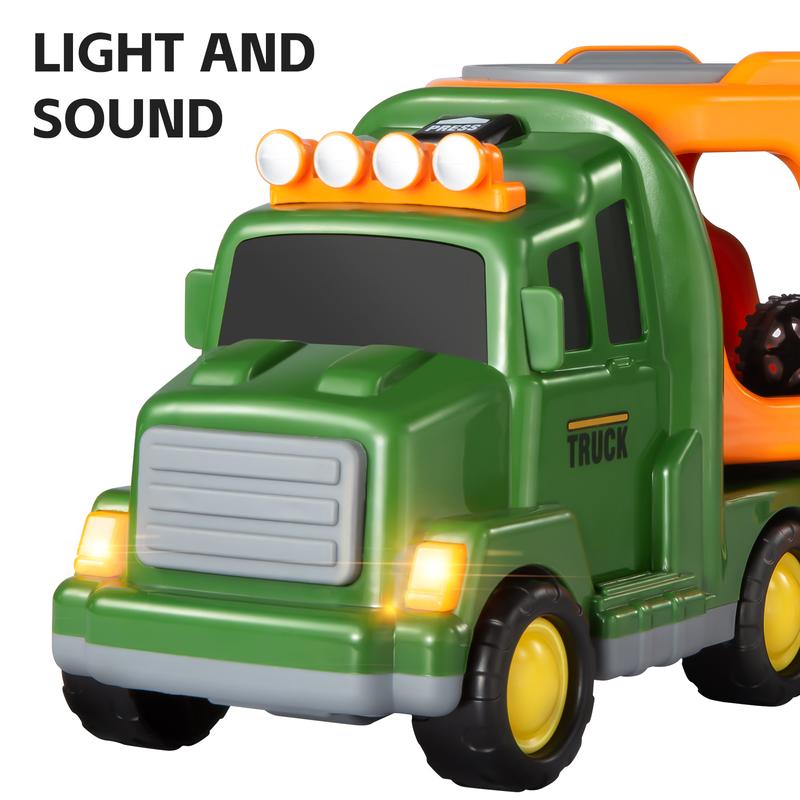 7 in 1 Dinosaur Transport Truck Toy Gifts with Mini Dinosaur lover Figures and Race Cars with Lights and Sounds Educational Play Set for Kids Birthday Christmas