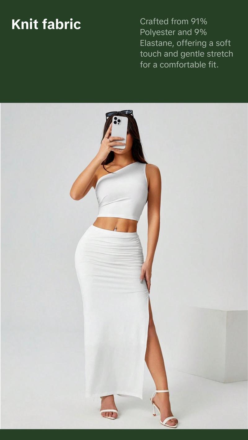 Elegant Ruched Waist Long Skirt for Women - Casual Knitted Fabric with Side Slit for Everyday Comfortable Style - All White Party Wear Womenswear Bottom
