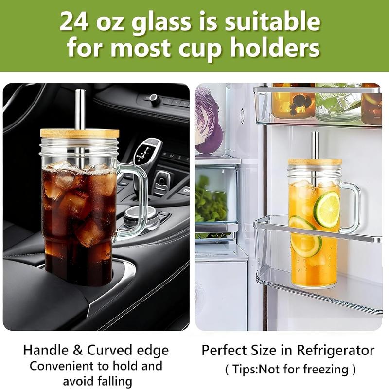 4 Pack 24oz Glass Cups with Handles, Iced Coffee Tumblers with Bamboo Lids & Stainless Steel Straws – Reusable Mason Jar Cups for Boba, Smoothies & Hot Drinks