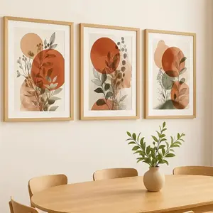 3-Piece Optional Wooden Frame Bohemian Terracotta Geometric Leaf Abstract Floral Art High Color Reduction Flat Surface Minimalist Home Background Decor