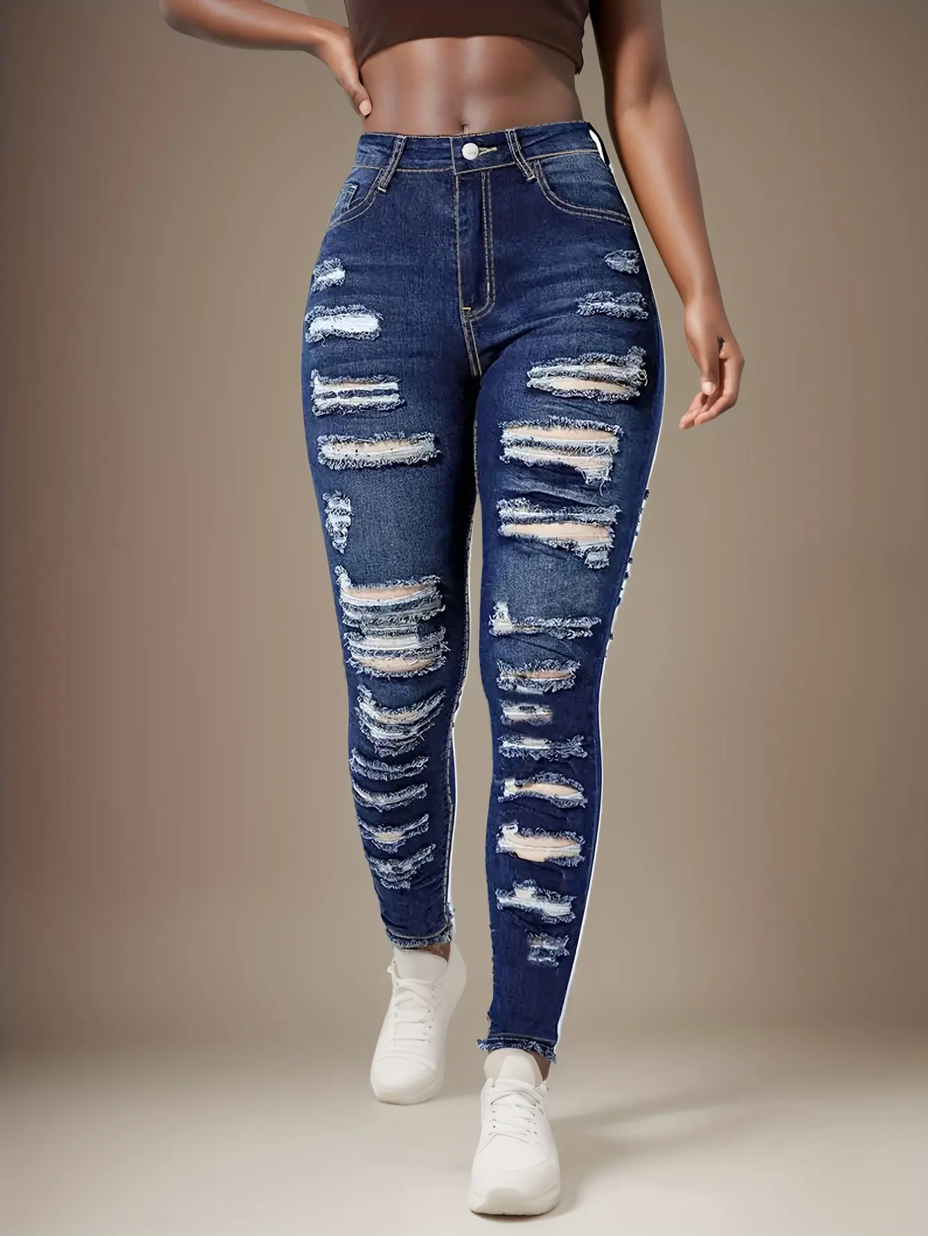 2025 New Fashion Women's Ripped Skinny Jeans, High-Waisted Stretch Denim Pants, Street Style, Slim Fit for Ladies