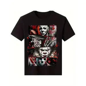 Men's 100% Cotton Horror Icons Graphic T-Shirt - Black Short Sleeve Casual Streetwear Tee with Jason, Freddy Krueger & Michael Myers Digital Print