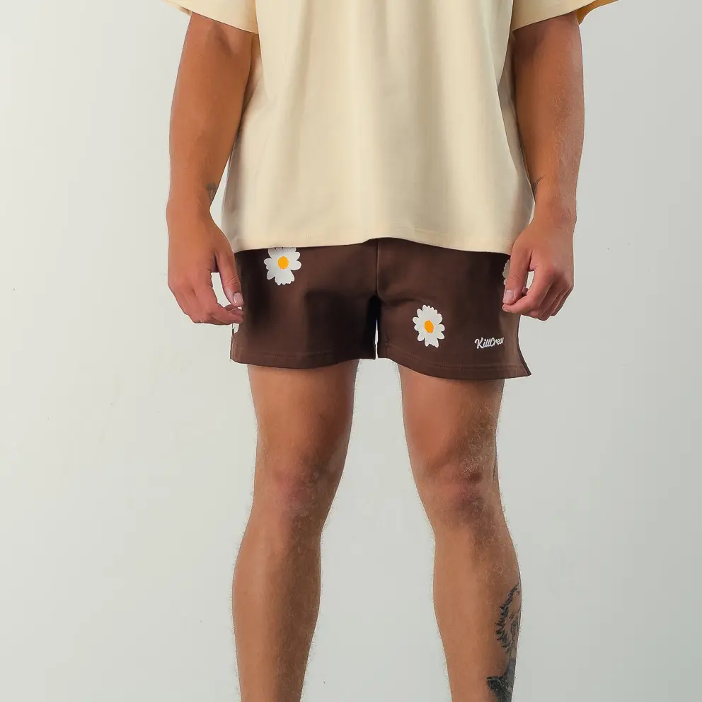 Kill Crew Men's Retro Daisy Shorts - Casual Mid-Thigh Cut in Natural Cotton with Side Pockets and a Drawstring Waist, Menswear, Daisy Print, Preshrunk & Soft, Wax‑Tip Drawcord