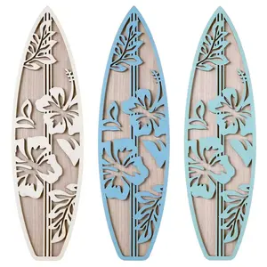 3-Piece Surfboard Decor Set, Wooden Beach Wall Art for Bedroom, Summer Hanging Sign, Tropical Living Room Decoration, Hibiscus Blue