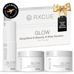 Rxcue Glow Mini Trio Set - Simplified 3-Step K-Beauty Kit, Korean Skin Care Travel Set, Patented 10-in-3 System for Glass Skin, TSA Approved, Fights Wrinkles, Acne, Hyperpigmentation & Sunspots,  1.01 fl oz ea - Cleanser, Triple Essence, Barrier Cream