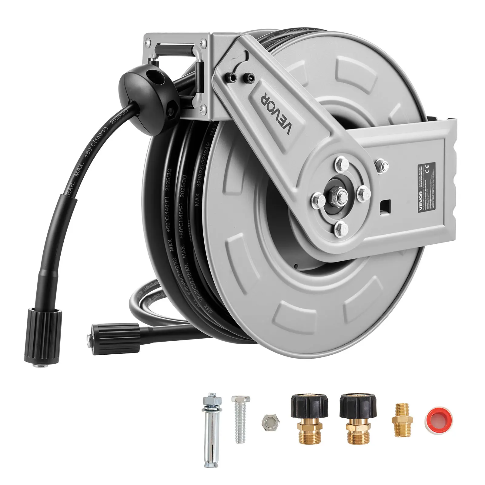 VEVOR Carbon Steel Retractable Pressure Washer Hose Reel, 65 ft x 1/4 in Automatic Rewinding, 3200PSI Max, Heavy-Duty Wall/Floor Mounted for Gardening, Car Washing, Pipe Fittings & Accessories, Storage Retractable Hose Pipes#BackToSchool