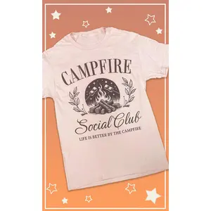 Tees2urdoor Women's Campfire Graphic Crew Neck Short-Sleeve Fitted Cotton T-Shirt - Casual Streetwear Basic Top for Everyday Wear