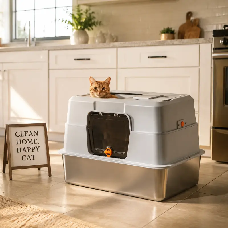 Extra Large Stainless Steel Cat Litter Box, Top Entry Enclosed with Litter Mat, Anti-Scatter Odor Control, Easy Clean for Multi-Cat Homes