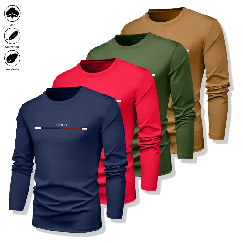 JOGWAVE Men's 4-Pack Fitted Long-Sleeve Casual T-Shirts - Round Neck, Breathable, Letter Pattern, Long Sleeve Shirt, Suitable for Spring & Autumn Everyday Wear, Gifts for Boyfriends