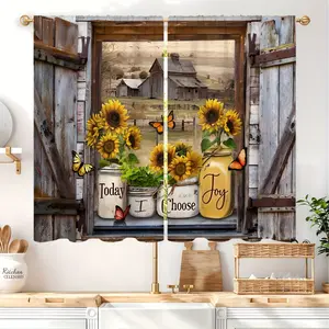 2 Panels Sunflower Vintage Country Kitchen & Barn Door Curtains - Filtering Semi-Sheer Brown Wood Floral & Sunflower Panels, Rustic Farmhouse Window Drapes Suitable,, Bathroom - Design, Easy Installation casual home decor party decoration high ceiling