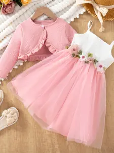 Two-Piece Set Girl's Plain Jacquard Ruffle Trim Crop Jacket & Floral Embroidery Contrast Mesh Dress, Cute Button Long Sleeve Top & A-Line Cami Dress for Daily Wear, Kids Fall Clothes