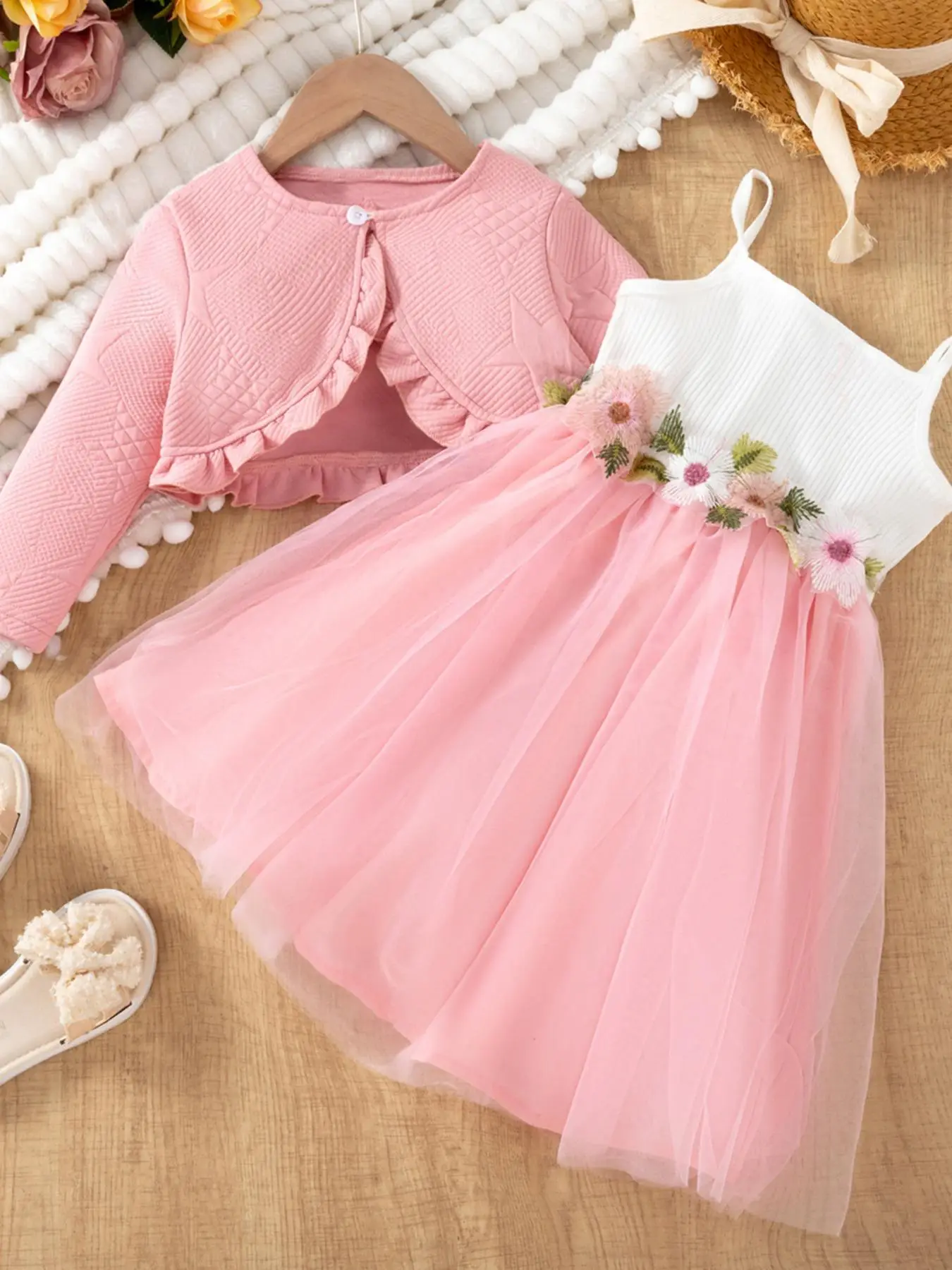 Two-Piece Set Girl's Plain Jacquard Ruffle Trim Crop Jacket & Floral Embroidery Contrast Mesh Dress, Cute Button Long Sleeve Top & A-Line Cami Dress f