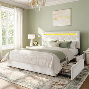 Raybee LED Bed Frame with 4 Storage Drawers, Velvet Upholstered Bed Frame for Full/Queen/King Size with Adjustable Headboard,  Modern Platform Bed for Bedroom, Apartment, Guestroom, Dorms, Compact Room, Easy Assembly, Holds 1000LBS, Cream, Gray