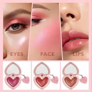3 in 1 Multifunctional Cream Makeup - Heart - Shaped Cheek & Lip Tint with Mirror, Long - Lasting Pigmented Formula for Eyes Lips Cheeks, Lightweight Smooth Blendable Cream Blush Perfect for Festival Party Daily Use
