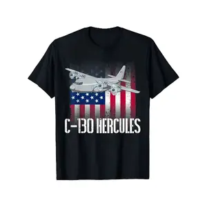 100% Cotton Oversized Graphic Round Neck Short-Sleeve Streetwear T-Shirt, Men's Unisex C130 Hercules American Flag Military Airplane Print, Black, Plus Size, Ideal for Independence Day Memorial Day, Carnival Gift for Boyfriend Dad