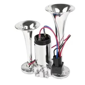 12V Dual Trumpet Air Horn Kit 130DB Loud Sound with Air Compressor, Zinc Alloy Chrome Finish Universal Fit for Car Truck SUV Motorcycle Boat, Durable Sturdy Construction Easy to Install Automotive Accessory