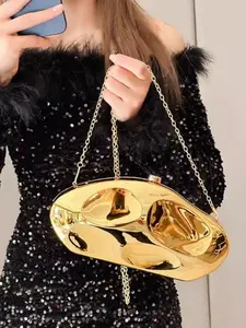 Elegant Acrylic Shoulder Clutch, Cute New Fashion Evening Bag, Luxury Crossbody Bag, Silver Gold Bead Handbag, Small Oval Shiny Handheld Bag, Trendy Chain Multi-Use Bag