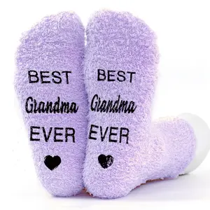 [Warm Anti-Slip Socks] 1 Pair Warm Anti-Slip Knitted Socks |   Purple Mid-Calf with "BEST Grandma EVER" Print |   Gift for Birthdays, Retirement, Parents