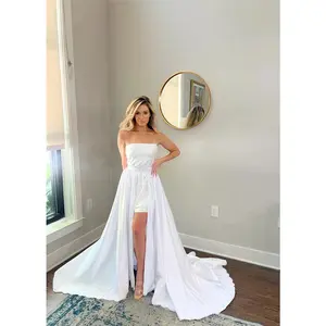 Removable Open Front Satin Wedding Train: Lace Embroidered Trim