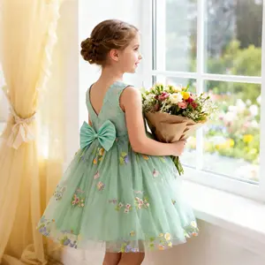 Elegant Girl's New Sweet Summer Sleeveless Dress Embroidered Flower Mesh Bow 3-8Y Birthday Party Wedding Flower Girl Princess Dress