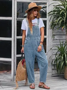 Women's Loose Fit Denim Overalls Jumpsuit, Plain Pattern, All-Season Wear, Comfortable Wide-Leg Design, Ideal for Casual
