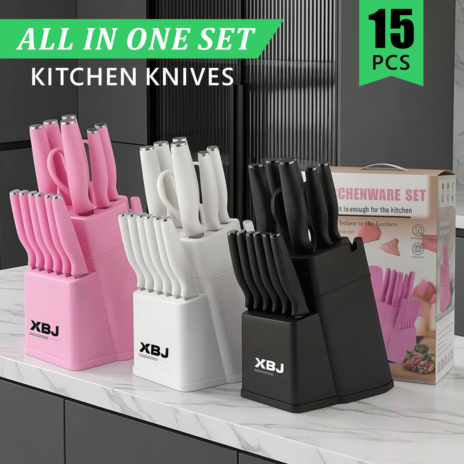 15-Piece Kitchen Knife Set: Solid Wood & Plastic Knife Block, Including Chef's Knife, Japanese-Style Knife, Meat/Vegetable Knife, Chicken Bone Knife, German-Style Steak Knife. Multi-Color Stainless Steel, Ideal for Home Storage & Gifting. Silicone Cutting 15-Piece Kitchen Knife Set: Solid Wood & Plastic Knife Block, Including Chef's Knife, Japanese-Style Knife, Meat/Vegetable Knife, Chicken Bone Knife, German-Style Steak Knife. Multi-Color Stainless Steel, Ideal for Home Storage & Gifting. Silicone Cutting