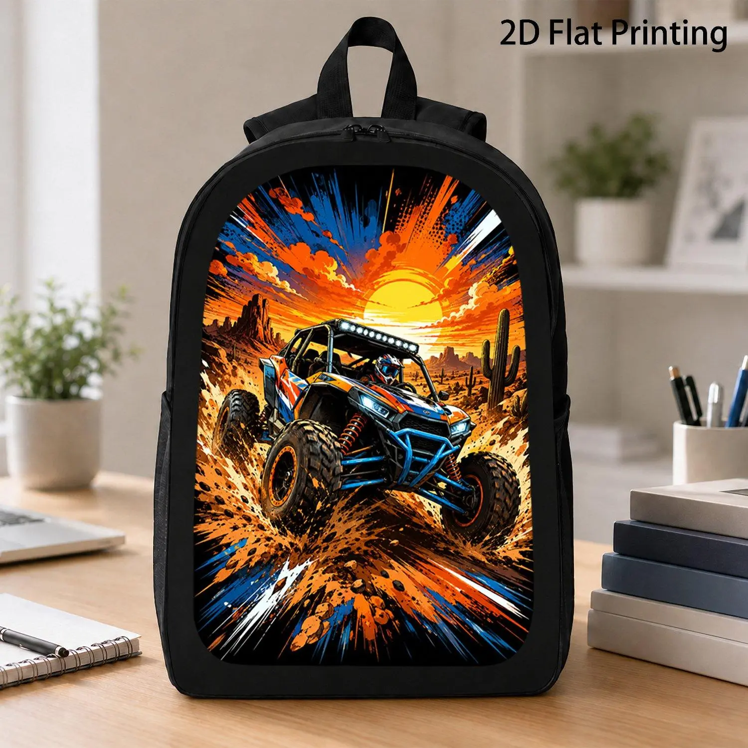 [17 Inch Backpack] 1pc Desert Off Road UTV Buggy Racing Car Splash Art Backpack Extreme Sports Vehicle Graphic Backpack Adventure Outdoor Backpack Trendy Motocross Print Backpack