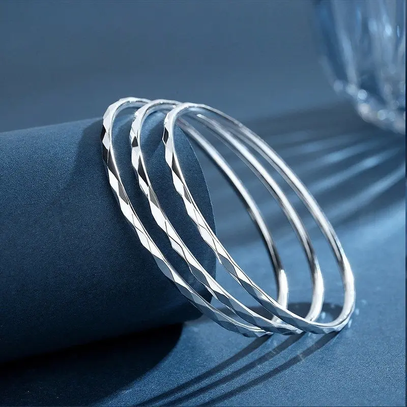 Women's Silver-Plated Cubic Design Bangle Bracelets - 3-Piece