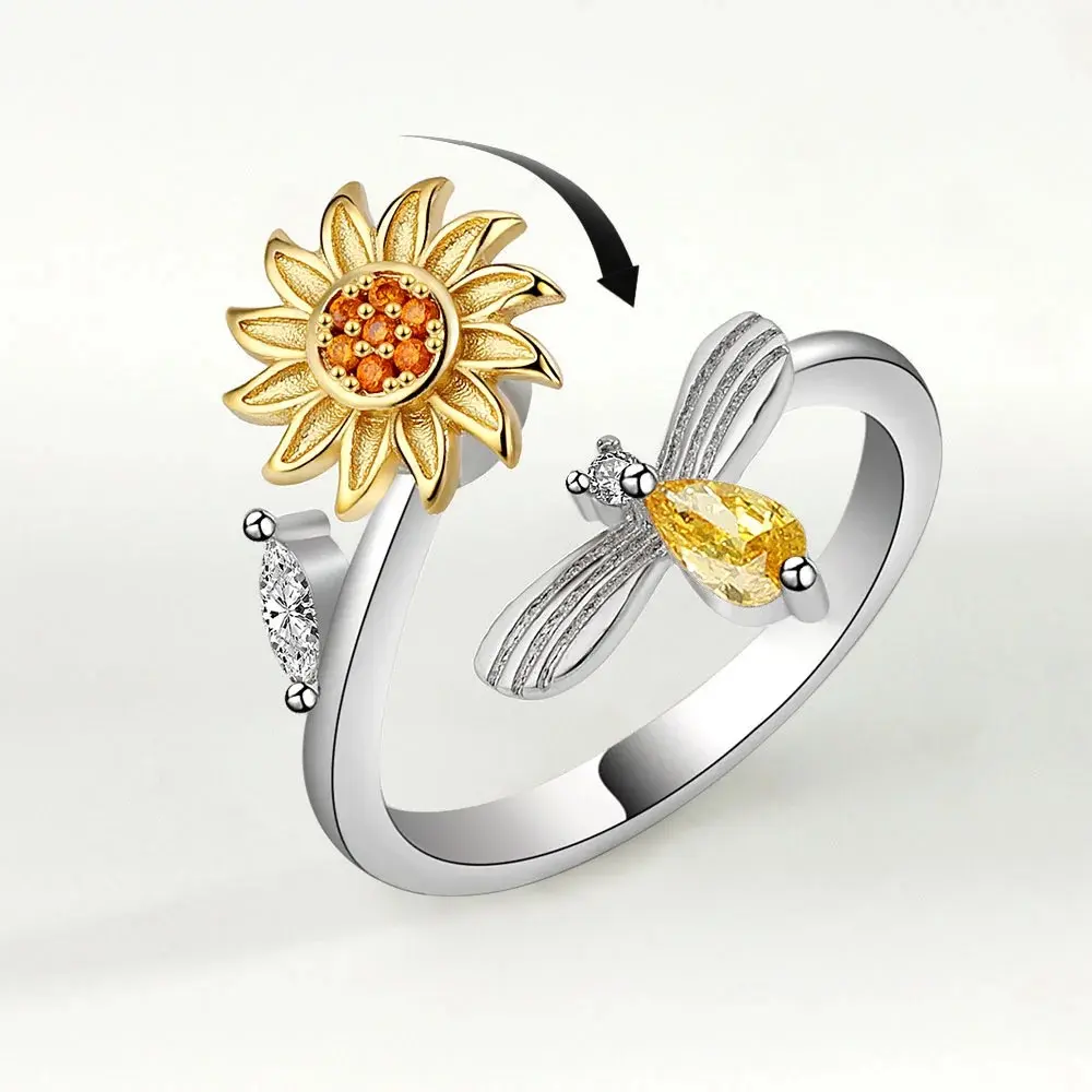 Women's 925 Sterling Silver Rotatable Sunflower Diamond Zircon Ring - Stress-Relieving Fashion Jewelry for Gifting, Wholesale
