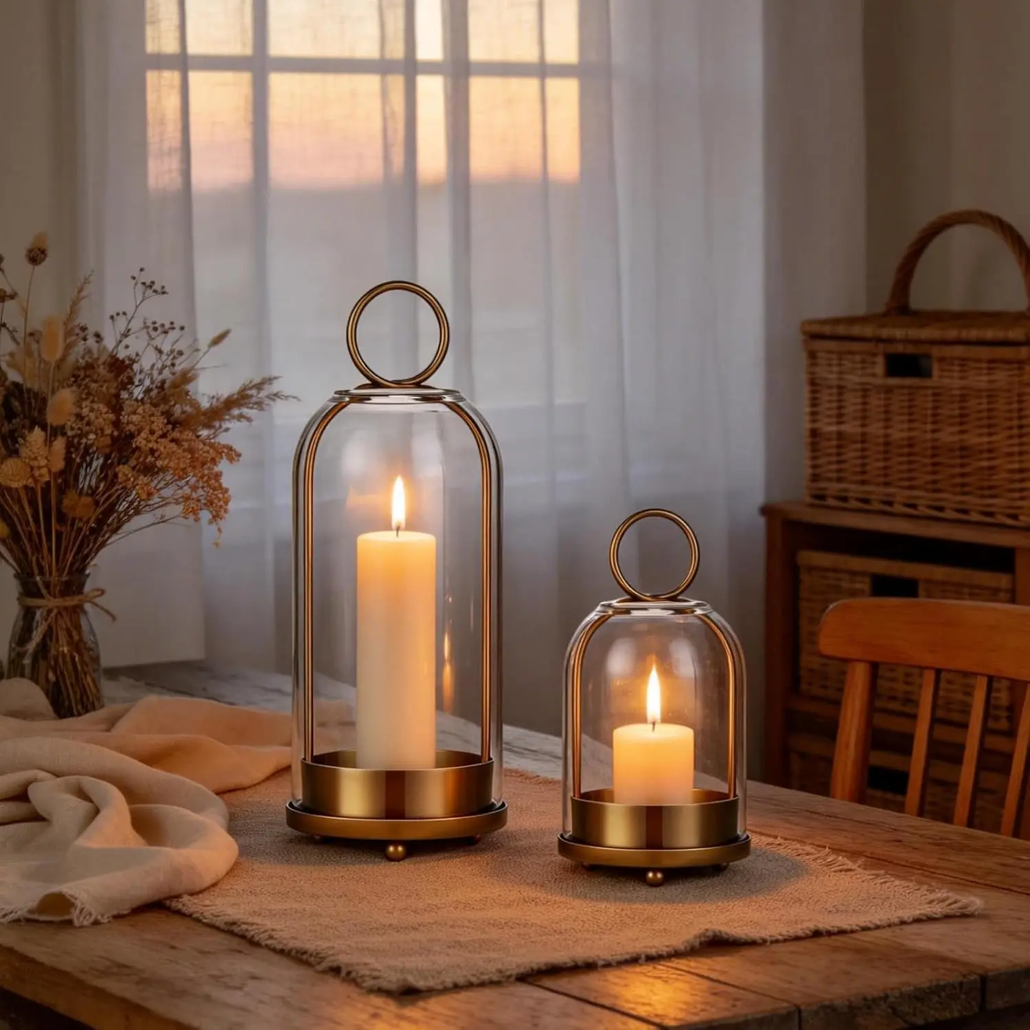 Brass & Bronze Decorative Pillar Candle Holders Set of 2 (5"x11", 4.5"x7.6") - Metal Holders with Glass Domes, Farmhouse Hanging/Tabletop Lantern for Home Centerpiece