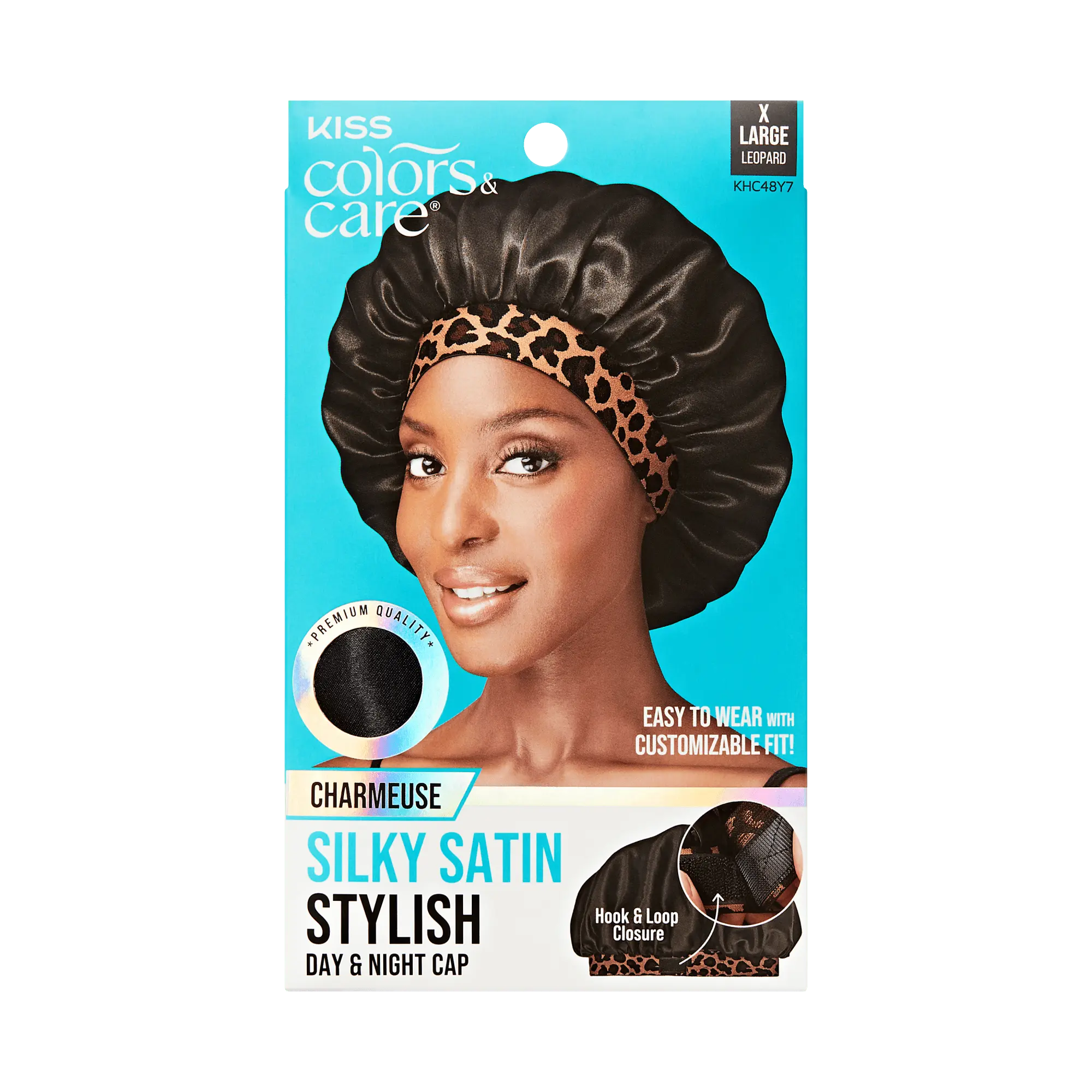 Kiss Colors & Care Silky Charmeuse Satin Stylish Day & Night Cap - Black & Leopard | Extra-Large, Silk Bonnet, Sleep Bonnet, Hair Accessories