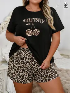 Women's Plus Size Knitted Pajama Set, Leopard Print Cherry Pattern Short Sleeve Top & Shorts, Casual Loose Fit Sleepwear
