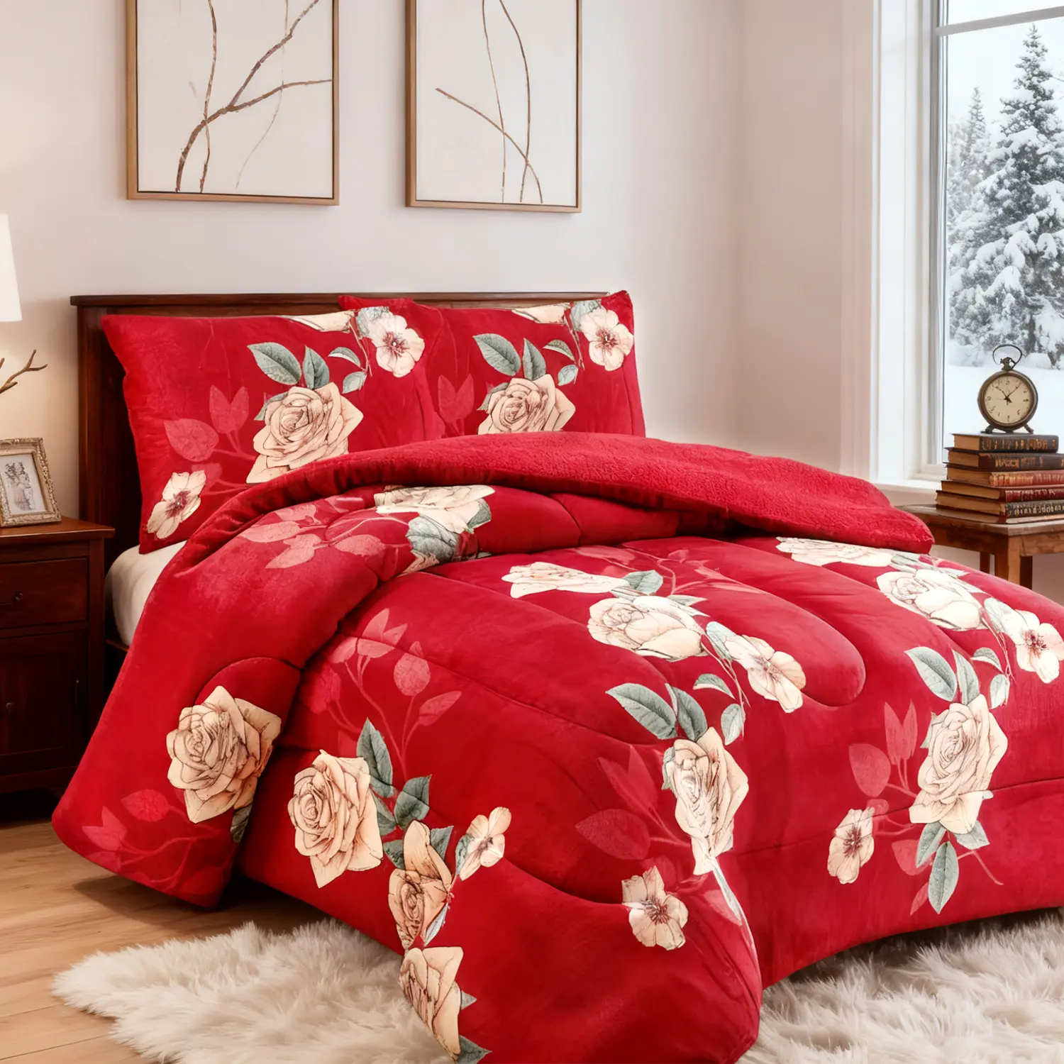 Queen King Cal-King Comforter Reversible Flannel & Sherpa 3-Piece Vintage Set with Floral Design