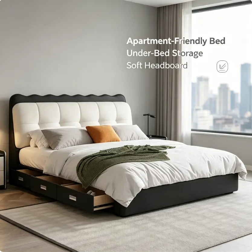 Two-tone storage upholstered bed with scalloped frame and padded bubble headboard. Spacious under-bed pull-out drawers offer ample storage space. Classic modern style, soft cushioned backrest for cozy relaxation, perfect for tidy bedrooms.