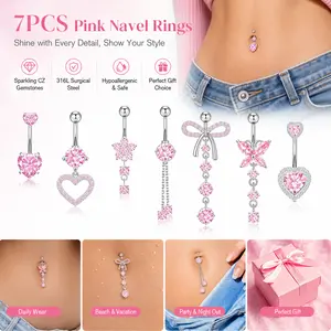 7Pcs 14G Belly Button Ring Dangle Set – Surgical Stainless Steel Belly Piercing Jewelry for Women, Cute CZ Heart Butterfly Flower Dangling Navel Rings