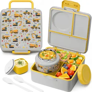 Bento Lunch Box for  Adult, 3-4 Compartment 60OZ  Lunch Box Container with Leakproof 8OZ Insulated  Jar, Sauce Jar, Utensil for School Boys Girls,  Dishwasher Safe