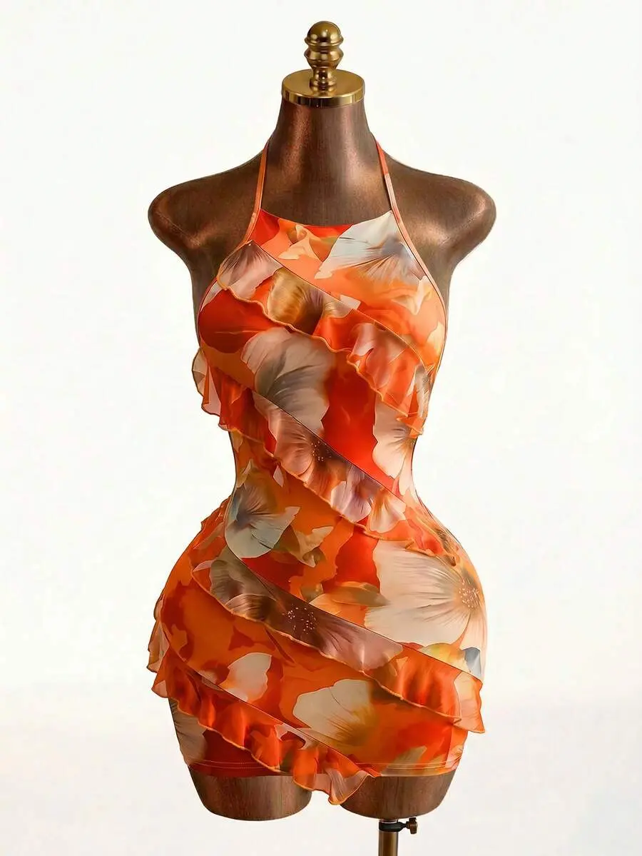 2026 Lady's New Sexy Neckline Floral Print Halter Dress, With Ruffled Border Design, Y2K Revival, Sweet Spicy Style, Vacation Look, .. Elegant Summer