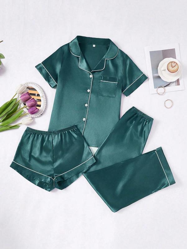 LuxeNights 3pcs Set Women Contrast Trim Solid Color Faux Silk Lapel Sleepwear Set - Dark Green