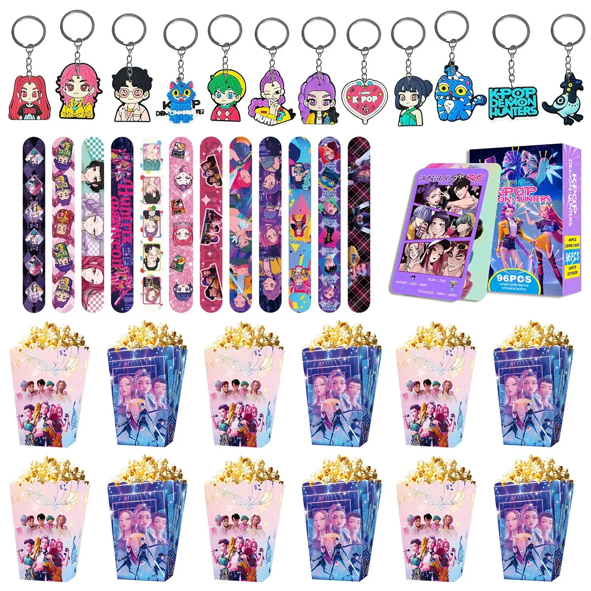 Korean cartoon girl group birthday party set, four-piece set, 12 wristbands, 12 keychains, 12 popcorn boxes, 96 game cards, letting everyone be immersed in the party Party Supplies