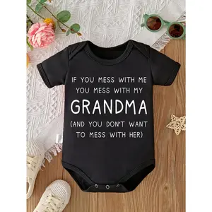 Cute Baby Bodysuit With If You Mess With Me You Mess With My Grandma And You Dont Want To Mess With Her Print Soft Versatile Round Neck Button Detail Regular Fit All Seasons Knitted Fabric Onesie For 0-12 Months