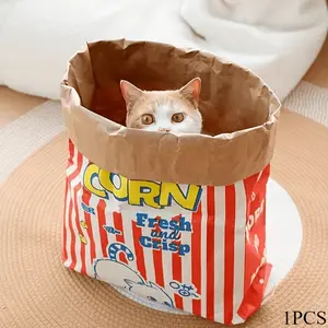 Interactive Popcorn Bag Cat Toy, Fun Cartoon Design for Cats & Dogs, Durable Plastic Pet Toy, Perfect for Filled Paper Bags