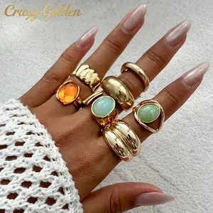 Stackable Gemstone Ring Set — Vintage-Style Wide Open Rings with Hammered Metal Texture