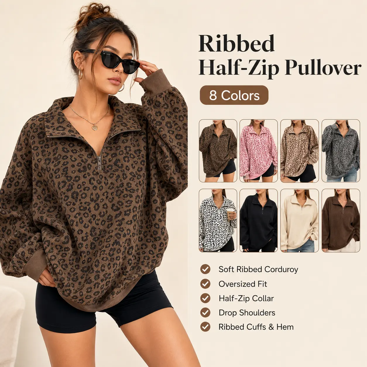 Women Ribbed Corduroy Half Zip Pullover Sweatshirt, Oversized Drop Shoulder Long Sleeve Top, Leopard Print Stand Collar Loose Casual Fall Winter Sweater Blouse