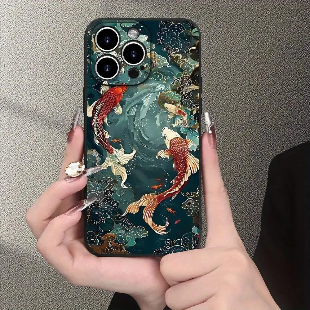 Traditional Japanese Koi Fish Art Durable Smartphone Casing, Zen Cloud Aesthetic Design, Frosted TPU Shockproof Protection, Transparent Camera-Safe Accessory for iPhone 11-16 & Samsung S22-S25 Series