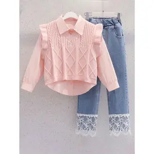 Girls' 3pcs Retro Western Outfit Set - Pink Ruffled Vest, Light Pink Button- Shirt & Lace-Trimmed Flared Bell-Bottom Pants/Fall Dress-Up, Party, Photo Shoots (Machine Washable), Perfect Outdoor