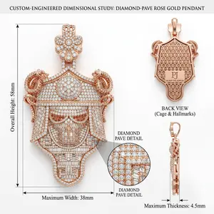 Iced Out Samurai Mask Pendant Necklace, Baguette Diamond Shogun Helmet, 14K Multi-tone Plating, Bushido Hip Hop Jewelry with Rope Chain for Men