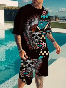 Men's Summer Casual Matching Set, Casual Outfit Set, Tribal Skull Print Short Sleeve Round Neck T-Shirt and Shorts, Plus Size, Loose-Fitting, Modern Style