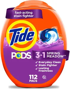 Tide PODS Laundry Detergent Pacs 3-in-1 Stain Remover Odor Fighter Color Protector 112 Count HE Compatible Spring Meadow Scent